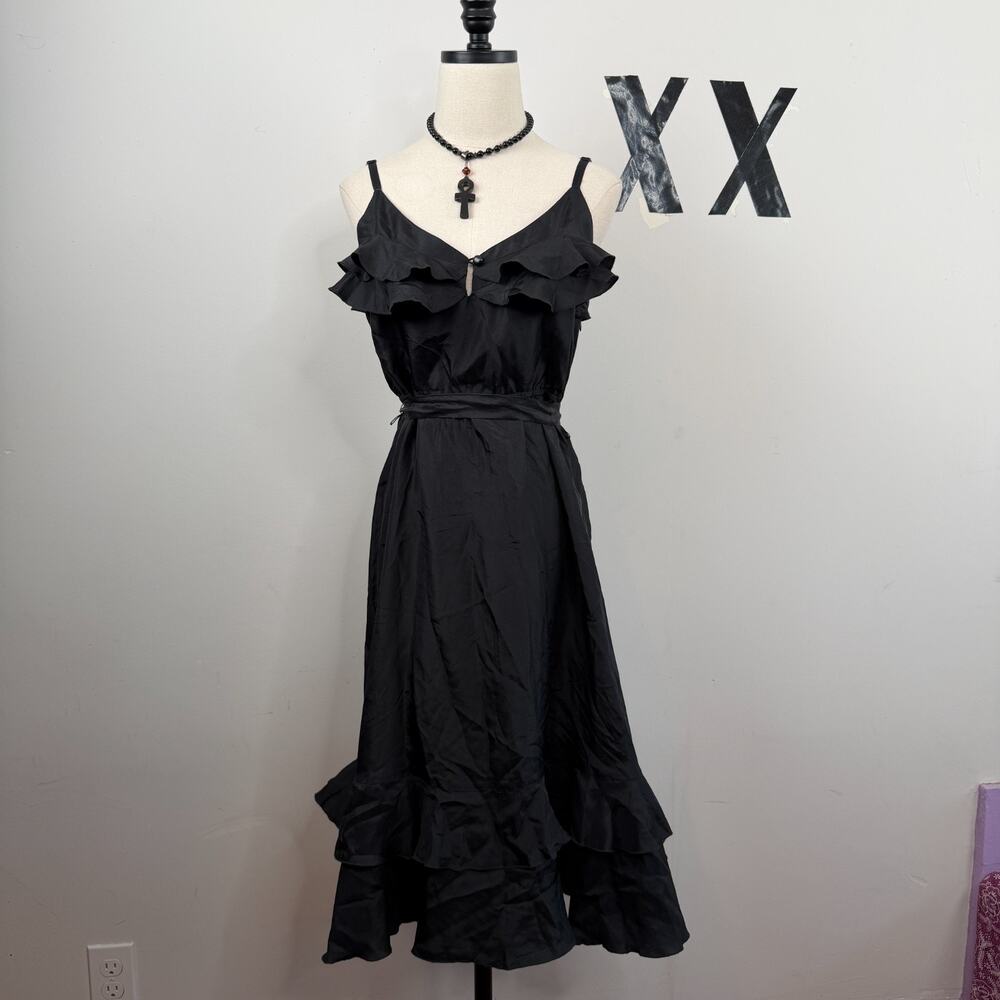 Vintage Y2K Black Silk Ruffle V-Neck Tie-Waist Romantic Tiered Midi Slip Dress 4